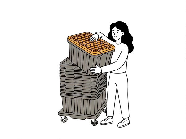 PAXO team member with stacked moving totes on a dolly